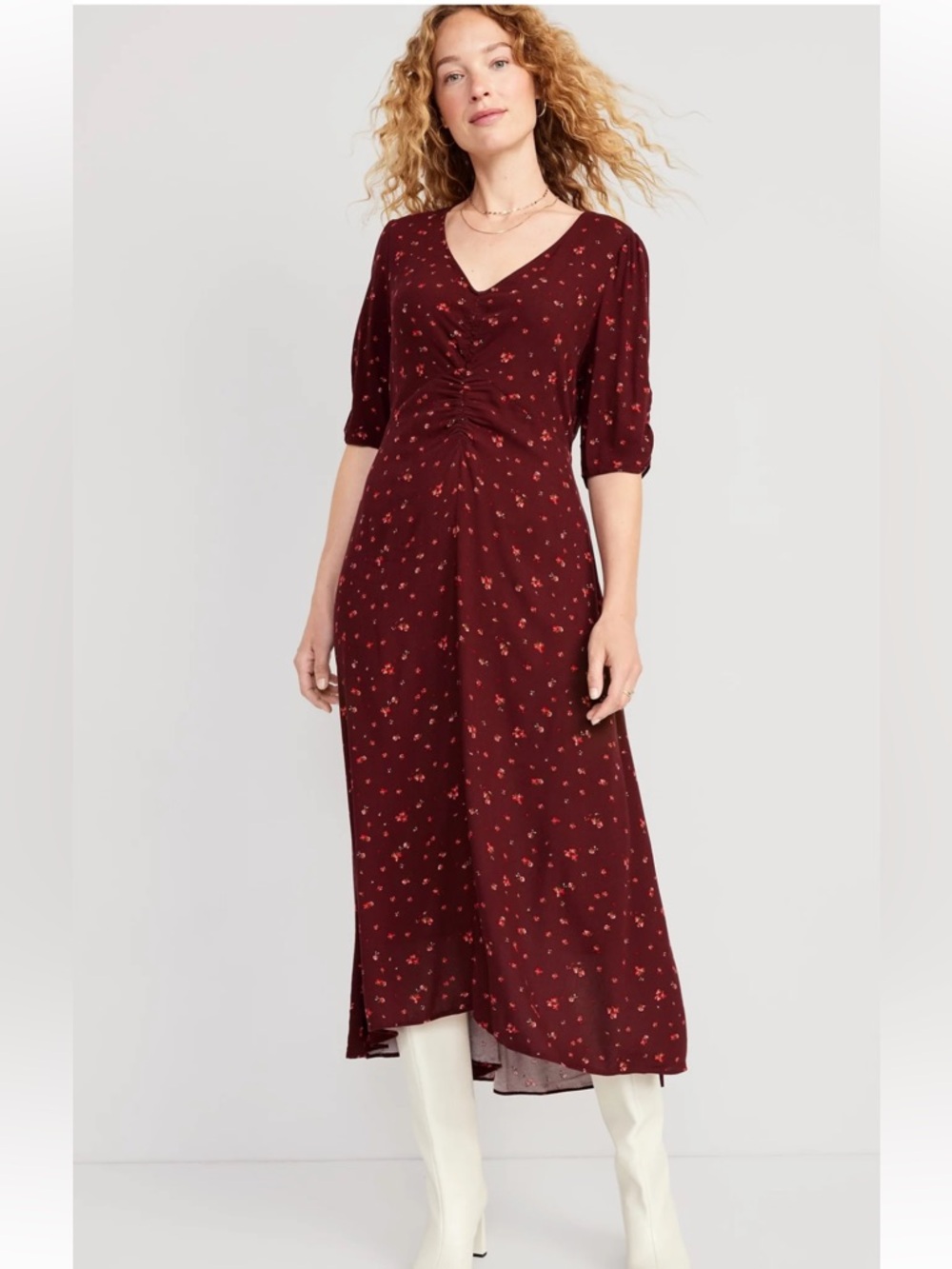 Old Navy Floral Midi Dress Cottagecore Romantic Puff Sleeve Burgundy XS Women
